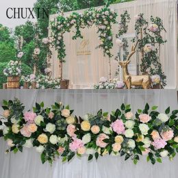 New 100cm Custom Artificial Flower Rose with Green Leaf Floral Row Wedding Arch Background Wall Decor Home Hotel Table Runner