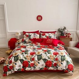 Bedding Sets Luxury Red Wedding Set Skin-friendly Flowers Digital Printing Quilt/Duvet Cover Bed Linen Fitted Sheet Pillowcases