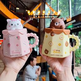 Mugs 400ml Cartoon Ceramic Cup Lid Spoon Creative Cute Coffee Milk Tea Breakfast Beverage Novelty Gift