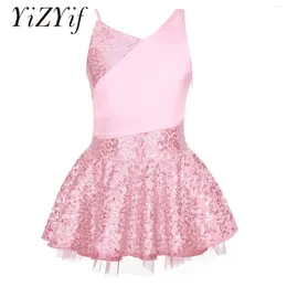 Stage Wear Kids Girls Ballet Tutu Mesh Dress Sequins Sleeveless Bowknot Back Gymnastics Leotard Ballerina Performance Dance Costume