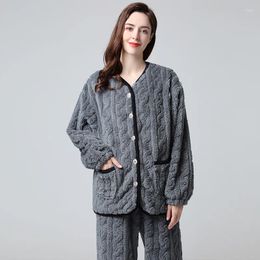 Home Clothing Flannel Pyjamas Set O-Neck Winter Warm Pyjamas Women Sleepwear Lounge Wear 2 Pieces Shirt&Pants Button-down Intimate