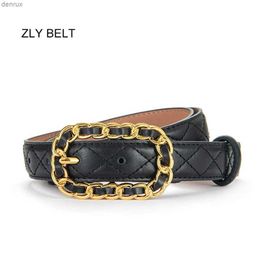 Belts 2021 New Fashion Belt Women Men Unisex Cowskin Leather Material Metal Chains Pin Buckle Rhombic Pattern Luxury Brand DesignerL240409