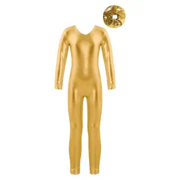 Stage Wear Kid Girl Metallic Figure Skating Jumpsuit Long Sleeve Full Length Dance Bodysuit Gymnastics Leotard Ballet Costumes