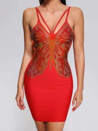 Casual Dresses Modphy 2024 High Quality Women Red Sexy Bandage Dress Rayon Elegant Backless V-Neck Slim Diamond Bodycon Mini Club Party