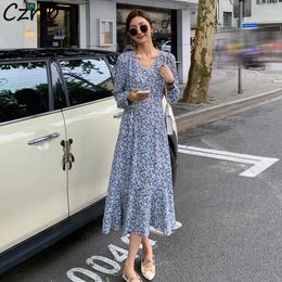 Casual Dresses Dress Women Trendy V-neck Floral Long Sleeve Spring Autumn Tunic Empire Maxi Vestido Elegant Party Slim Streetwear Beach