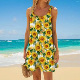 Casual Dresses Spring Summer Elegant Sunflower Print Sun Dress Women Vacation Beach Party Night Lady Vestidos Beachwear Sundress