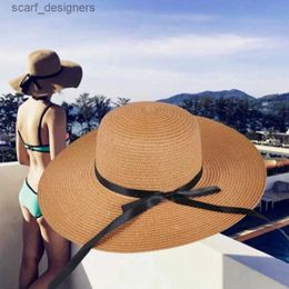Wide Brim Hats Bucket Hats Simple female summer visor beach hat cute bow wave side sun hat vacation straw hat female seaside sunscreen F2 Y240409