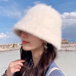 Berets 2024 Hat Winter Women's Fashion Solid Colour Fur Bucket Cap Fisherman's Knitted Wool Basin