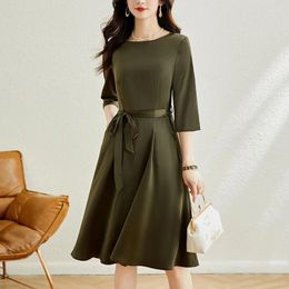 Casual Dresses Coigarsam Women's Summer Dress 2024 Office Lady Korea Style Three Quarter Sleeve Belt Solid O-Neck Army Green