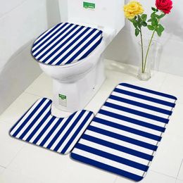 Bath Mats Blue And White Striped Mat Set Creative Modern Minimalist Geometric Home Carpet Bathroom Decor Floor Rugs Toilet Lid Cover