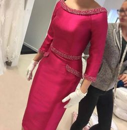 Elegant Fuchsia Sheath Tea Length Mother of Bride Dress 2020 Scoop Neck 34 Long Sleeve Beading Woman Formal Wedding Party Gown5322212