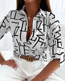 Women's Blouses Elegant Women Blouse 2024 Spring And Autumn Temperament Top Long Sleeve Stripe Letter Print Office Slim Fit Pocket Shirt