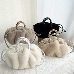 Evening Bags 2024 Autumn And Winter Faux Fur Women's Bag Pumpkin Drawstring Braid Rope Handbag Shoulder Crossbody Plush