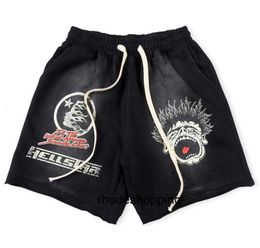 Hell Star Mens Summer Hellstar Classic Flame Letter Print Men Women Short Pants Streetwear Terry Fabric Casual Trousers