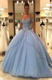 Light Sky Blue Ball Gown Quinceanera Dresses 2022 Cap Sleeves Spaghetti Beading Crystal Princess Prom Party Dresses For Sweet 16 G1485004