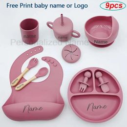 9Pcs Baby Silicone Feeding Sets Suction Cup Bowl Dishes Kids Spoon Fork Feeding Snack Cup Personalised Name Babys Tableware 240409