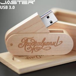 JASTER Free Custom Logo USB 3.0 Flash Drives 128GB Rotatable Wooden Box Pen drive 64GB Maple Wedding gift Memory Stick Pendrive