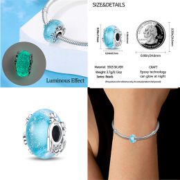 New in S925 Sterling Silver Flower Feather Ocean Luminous Glass Charm Bead Fit Pandora Bracelet DIY Pendant Woman Jewelry