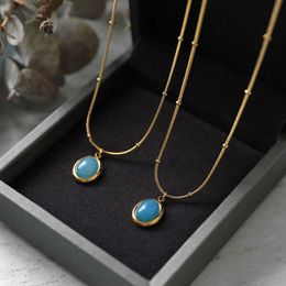 Starry Ocean Blue Treasure Elliptical Pendant Snake Bone Chain Necklace Women's Clavicle Chain Titanium Steel Gold-plated Color Protection