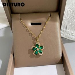 Pendant Necklaces DIEYURO 316L Stainless Steel Green Zircon Flowers Necklace For Women Luxury Girls Lucky Chain Birthday Jewelry Gifts
