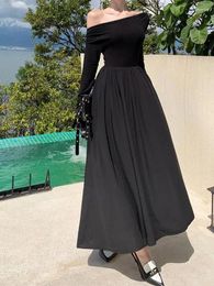 Casual Dresses 2024 Autumn Winter French Women's Vintage Black Off Shoulder High Waist Dress Long Sleeve Slash Neck Elegant Party Pleated