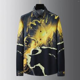 Men's Casual Shirts Brand 2024 Spring Art Flame Printed Shirt For Men Long Sleeve Social Slim Fit Business Banquet Party Streetwear