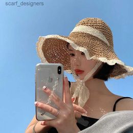 Wide Brim Hats Bucket Hats 2022 NEW Womens Summer Bucket Folding Lace flower Straw Hat Panamas UV Protection Sun Visor Seaside Beach Hat Tide Summer Hats Y240409