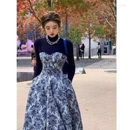 Casual Dresses 2 Piece Set Autumn Spring Women Vintage Elegant Floral Dress Woman Full Sleeve Top Flower Pattern Printed