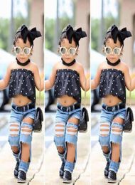 Baby Girl Clothes Sets Kids Girls Summer Off Shoulder Tops TshirtHole JeansHairband Jeans Girls Clothing set6874787