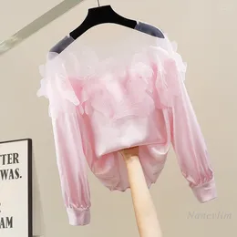 Women's Blouses French Style Off-Shoulder Satin Shirt Spring Summer Super Fairy Mesh Patchwork Long Puff Sleeve And Tops 2024