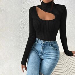 Women's Blouses Women Long Sleeve Top Solid Colour Striped Knitted High Collar Pullover Sweater For Soft Slim Fit Fall Winter