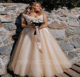 Elegant Plus Size Light Champagne Country Wedding Dresses ALine Vneck Sleeveless Floor Length Lace Appliques Long Tulle Bridal G7608686