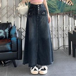 Skirts S-5XL Streetwear Denim Skirt Spring Summer Fashion Frayed Hem Pocket High Waist Long Jeans Loose Plus Size