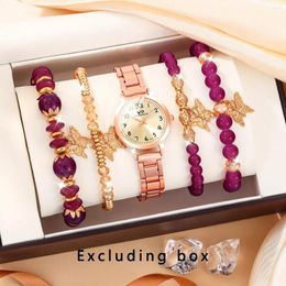 Wristwatches 5Pcs Women's Fashion Trend Butterfly Digital Pointer Steel Band Quartz Watch Luxury Agate Crystal Bracelet Set