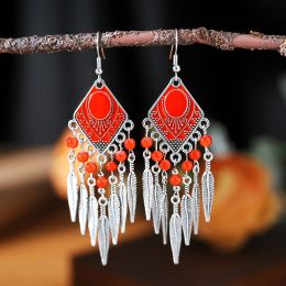 New Vintage Ethnic Bead Metal Leaf Tassel Earrings for Women Boho Drop Oil Rhombus Fan Shaped Water Drop Dangle Earring Jewelry