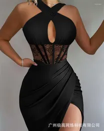 Casual Dresses 2024 Fashion Women's Party Black Satin Splicing Lace Corset Tight Dress For Women