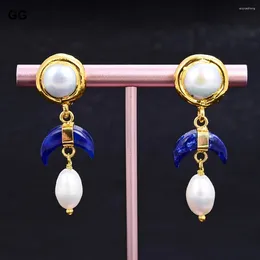 Dangle Earrings GuaiGuai Jewellery White Pearl Natural Blue Lapis Crescent Moon Stud