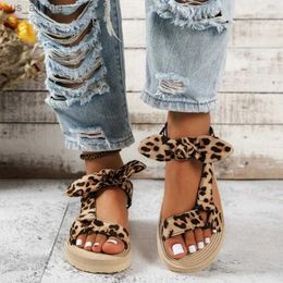 Sandals Womens Leopard Print Bow Summer Fashion Thick Soled Outdoor Beac Trend Flat Casual Shoes Lightweight H240409