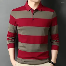 Men's Polos Spring And Autumn Fashion Loose Coloured Striped Polo Collar Casual Long Sleeve Versatile Age Reducing Style Top