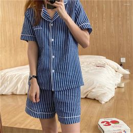 Home Clothing Alien Kitty 2024 Blue Women Striped Loose Pajamas Suits Sweet Sleepwear Two Piece Sets Summer Femme Homewear Chic Casual