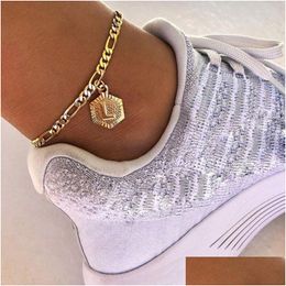 Anklets Dainty A Z Letter Anklet Hexagon Shaped Initial Ankle Bracelet Stainless Steel Feet Jewelry Leg Chain Women Men Gifts 230107 Dh8Gv