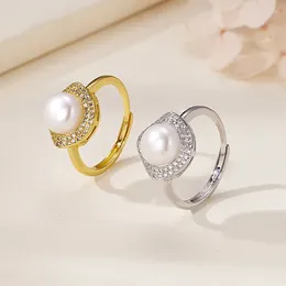 Cluster Rings Natural Freshwater Pearl 9m Micro Diamond Zircon Square Ring Fashionable Simple Personality Niche Versatile Adjustable