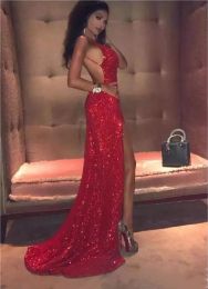 Sexy Red Sequins Prom Dresses Long 2024 Mermaid Thigh-High Slits Spaghetti Straps Backless Custom Made Celebrity Evening Gowns