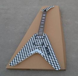 Whole g Flying v electric guitar 6 string Checkerboard body in white14061008019420535