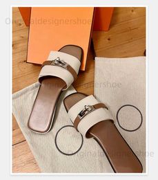 Slippers Silver Lock Buckle Square Toe Flat Slippers Woman Summer 2024 Open Toe Slingback Slip-On Sandals Leisure Luxury Shoes for Women T240409