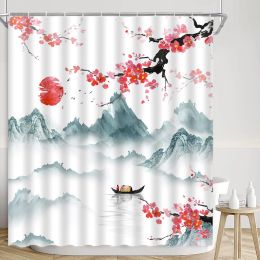Japanese Shower Curtain, Traditional Ink Painting Mount Fuji Red Sun Cherry Blossom Bamboo Boatman Plum Blossom Bathroom Decor
