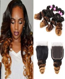 Coloured Brazilian Ombre Dark Brown Human Hair Bundles With Closure Three Tone 1430 Loose Wave Blonde Hair Weave With Lace Closu4508657