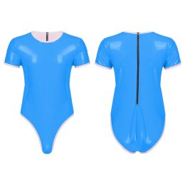 Sexy Bondage Bodysuit Lingerie Short Sleeve Round Neck Faux Leather Catsuit Back Zip Jumpsuit Sex Sheath Tight Clubwear S-7XL