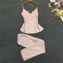 Home Clothing 2Pcs Ladies Sexy Satin Silk Sleepwear Babydoll Lingerie Nightdress Pyjamas Suit Female Sleep Two Piece Set Loungewear Plus