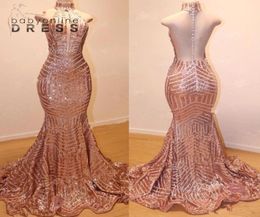 Popular Rose Gold Sequined Prom Dresses Sexy Backless With Button Covered High Neck Mermaid Keyhole Neck Long Evening Gowns BC09042436133